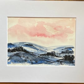 Original loose abstract watercolour landscape painting of the countryside