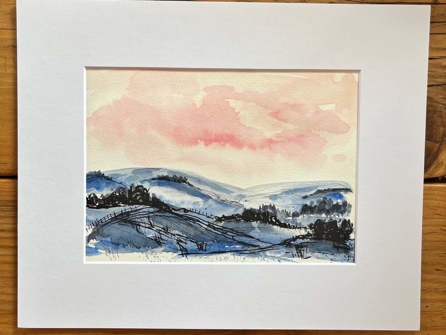 Original loose abstract watercolour landscape painting of the countryside