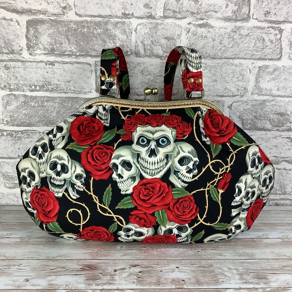 Gothic Skulls & roses large fabric frame shoulder handbag, Kiss clasp, 2 straps