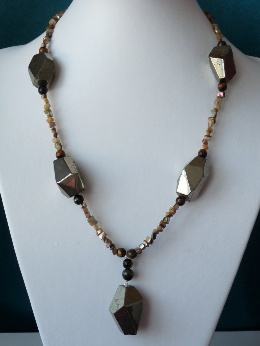 Chunky Pyrite, Tiger's Eye & Abalone Necklace - Genuine Gemstone - Handmade