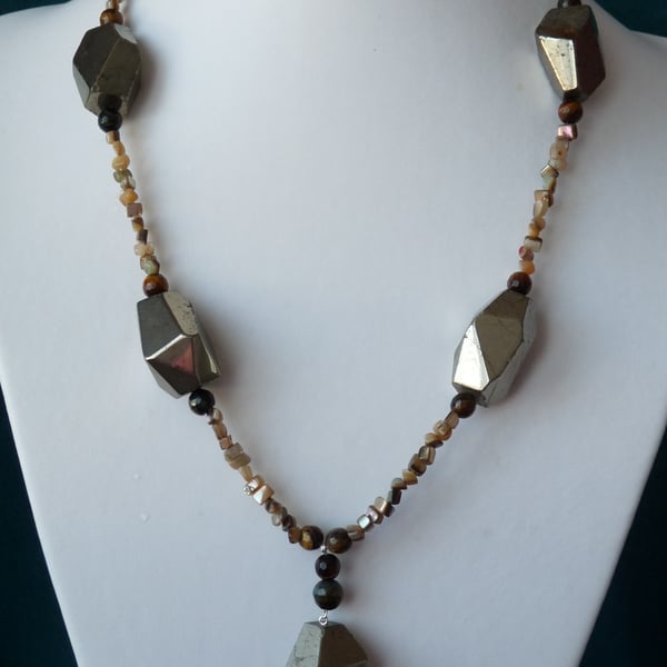 Chunky Pyrite, Tiger's Eye & Abalone Necklace - Genuine Gemstone - Handmade