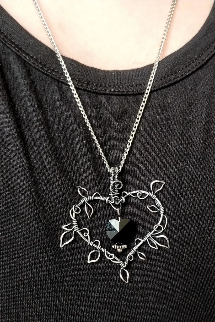 Leafy Silver Gothic Heart Pendant with Black Faceted Glass Heart