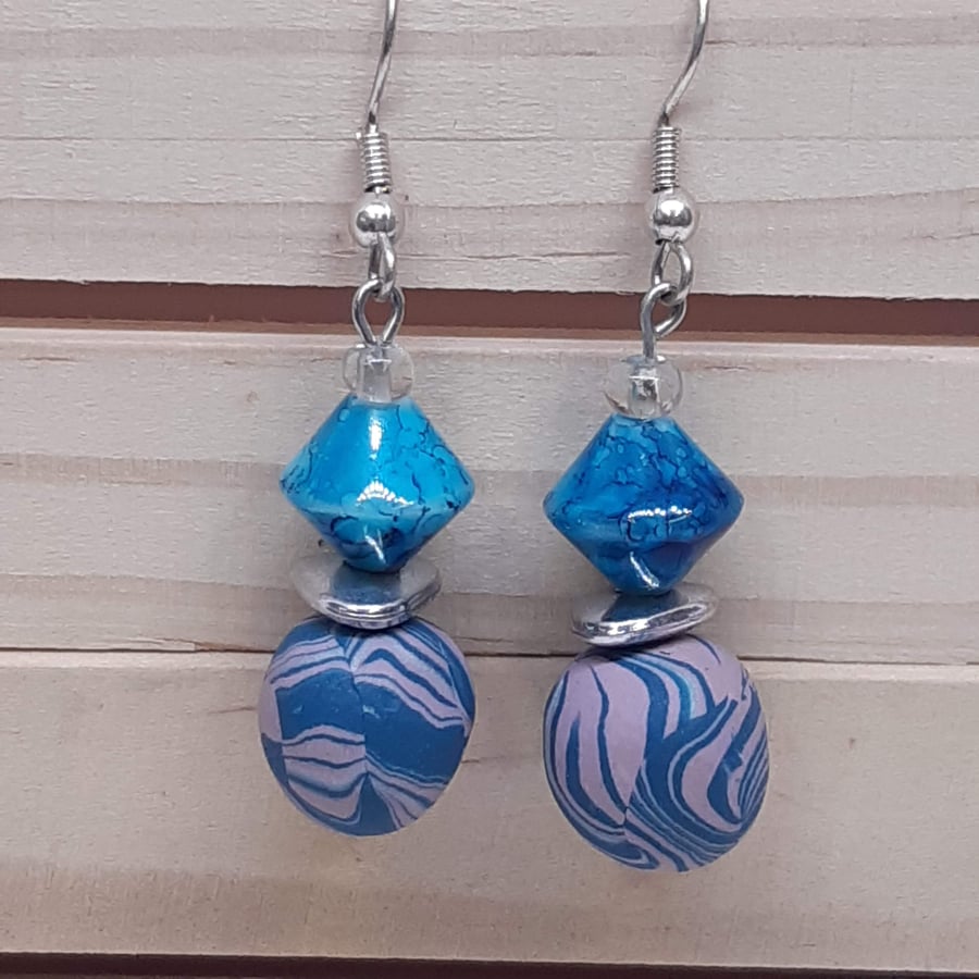 Dusky pink and teal dangly earrings