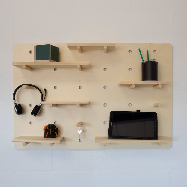 Wall Mounted Wooden Pegboard and Organiser with Shelving and Pegs