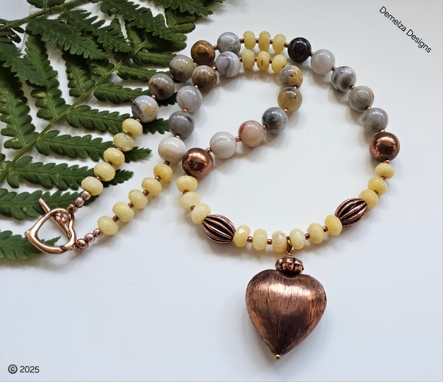 Agate, Yellow Jade & Copper Heart  Statement Necklace ONE OFF