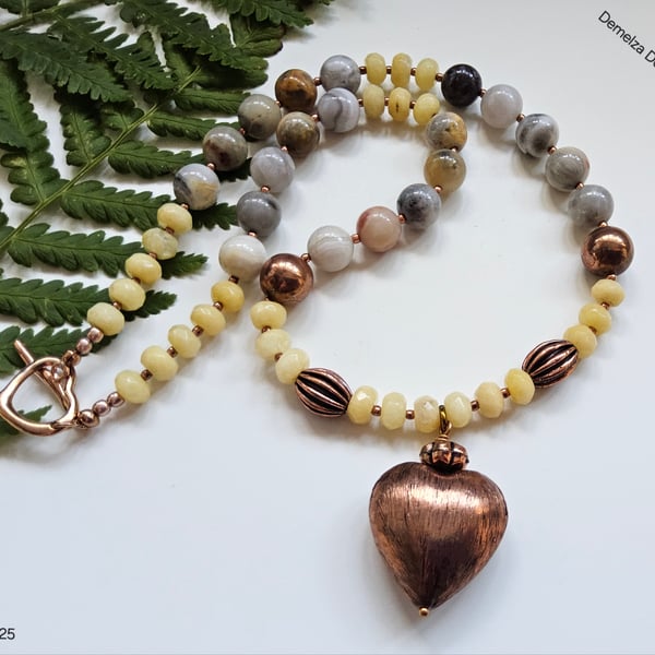 Agate, Yellow Jade & Copper Heart  Statement Necklace ONE OFF