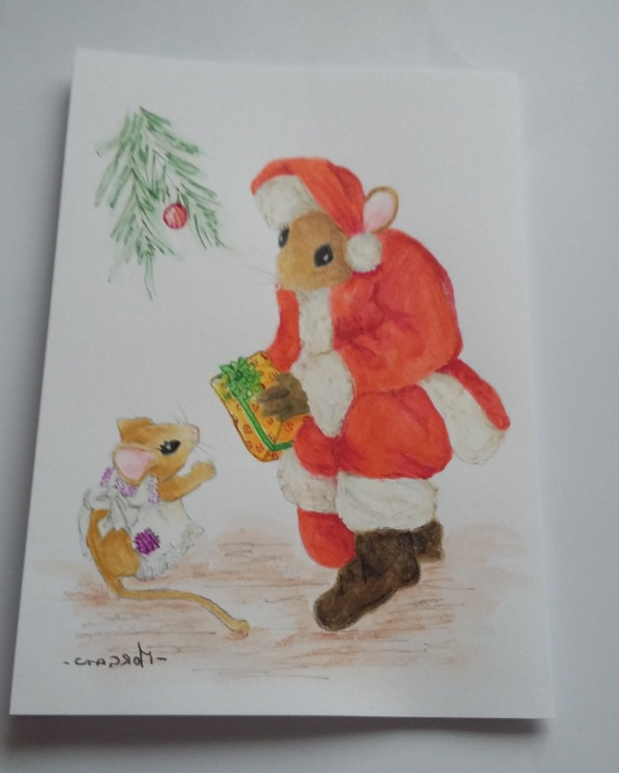 HAND PAINTED WATER COLOUR CARD  OF  MICE at Christmas