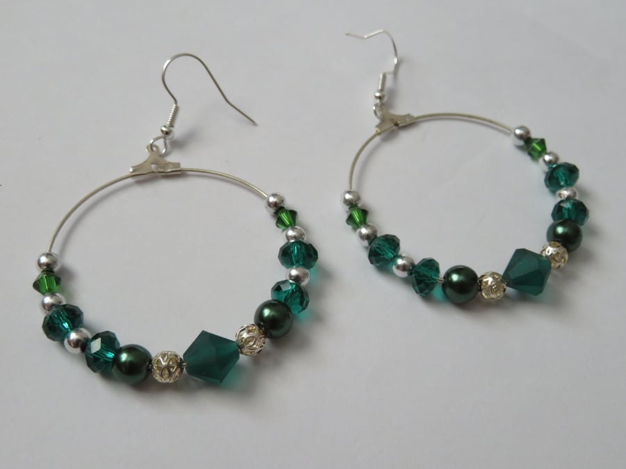 Emerald Bottle Green & Silver Bead Beaded Retro Hoop Earrings