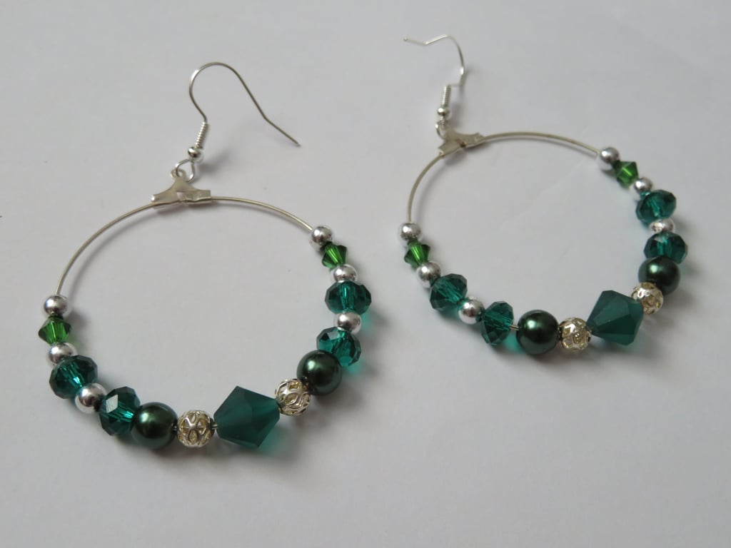 Emerald Bottle Green & Silver Bead Beaded Retro Hoop Earrings