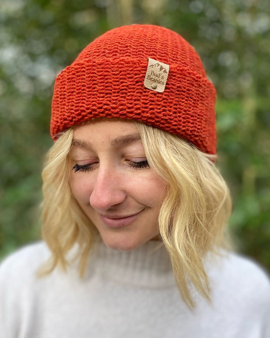 Fishermans style beanie hat in Moroccan Spice red wool (unisex)