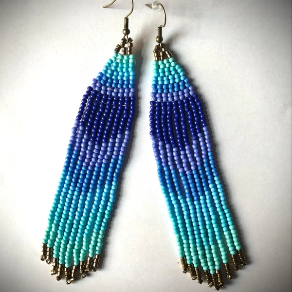 Handmade Glass Seed Bead Blues ombre earrings