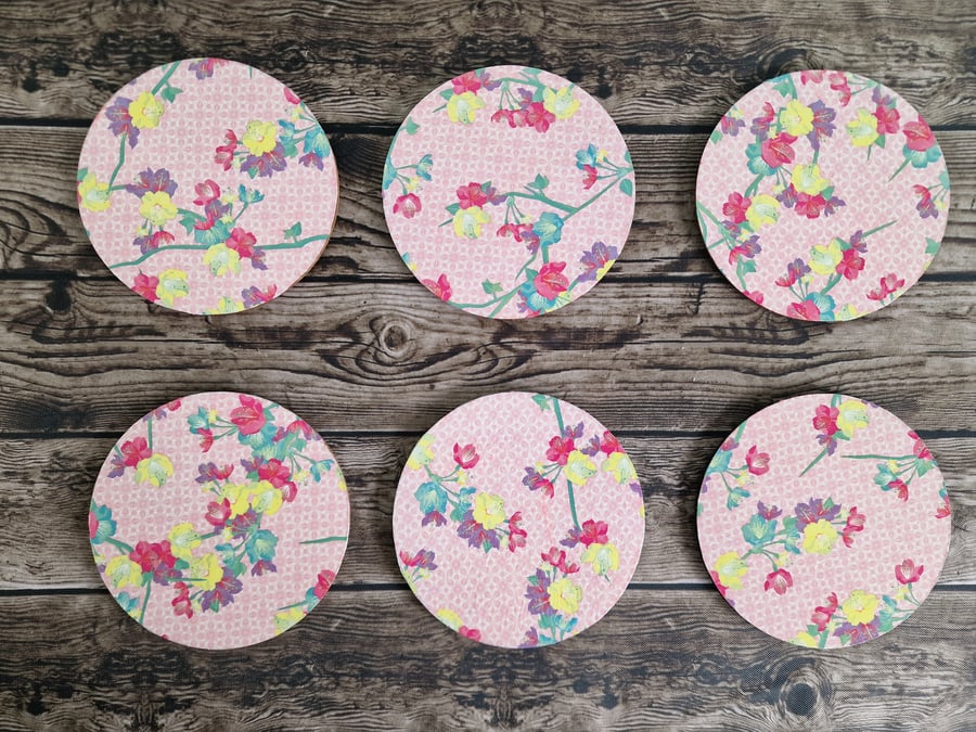 Pink Floral Decoupage Coasters set of 6