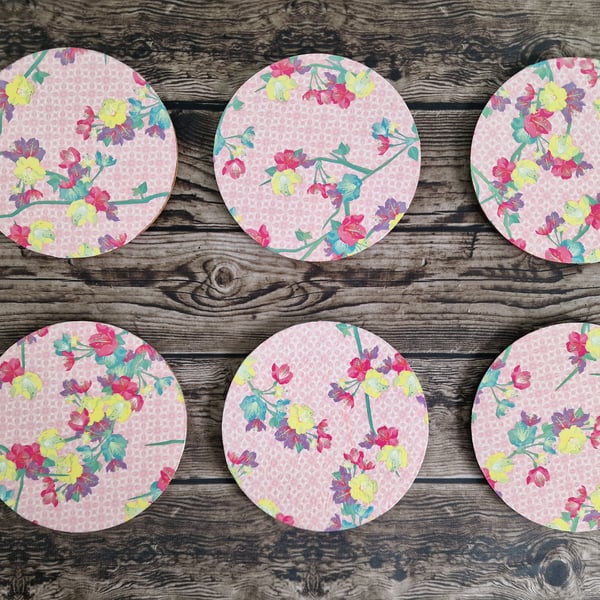 Pink Floral Decoupage Coasters set of 6