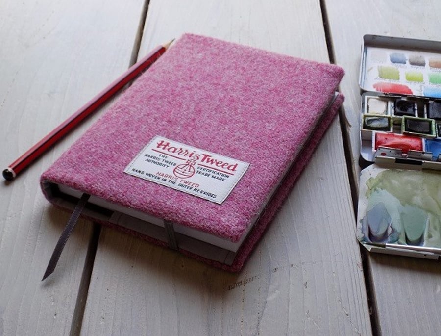 Harris Tweed covered A6 sketchbook in strawberry ice pink