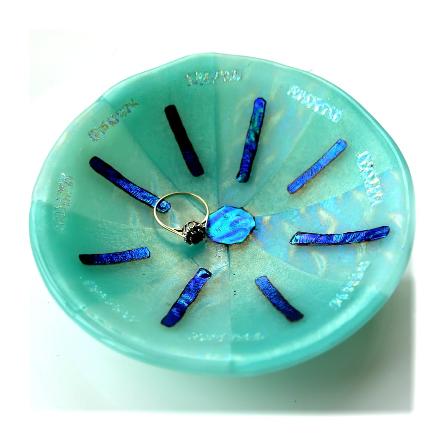 SOLD T 250510 Fused Glass Bowl Robin Egg Blue Dichroic 12cm Cyan