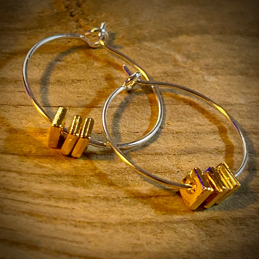 Silver Plated Hoop Earrings with Square Gold Beads