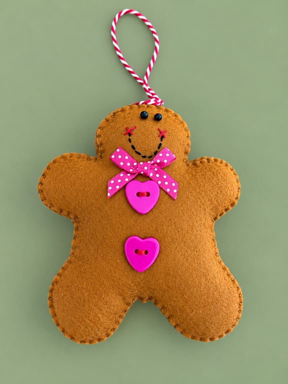 Handmade Felt Gingerbread Christmas Decoration – Hot Pink Hearts & Polka Dot Bow