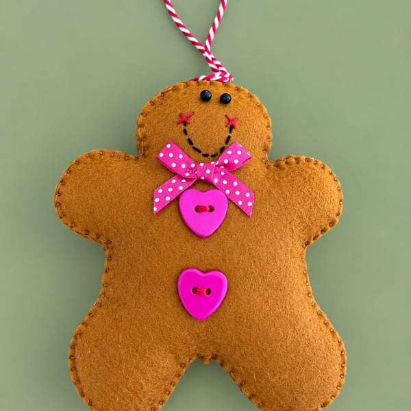 Handmade Felt Gingerbread Christmas Decoration – Hot Pink Hearts & Polka Dot Bow