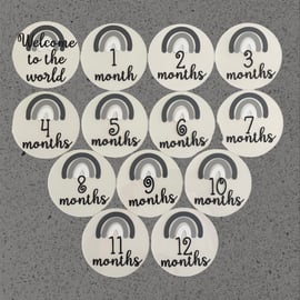 Rainbow baby milestones photo prop on acrylic discs.