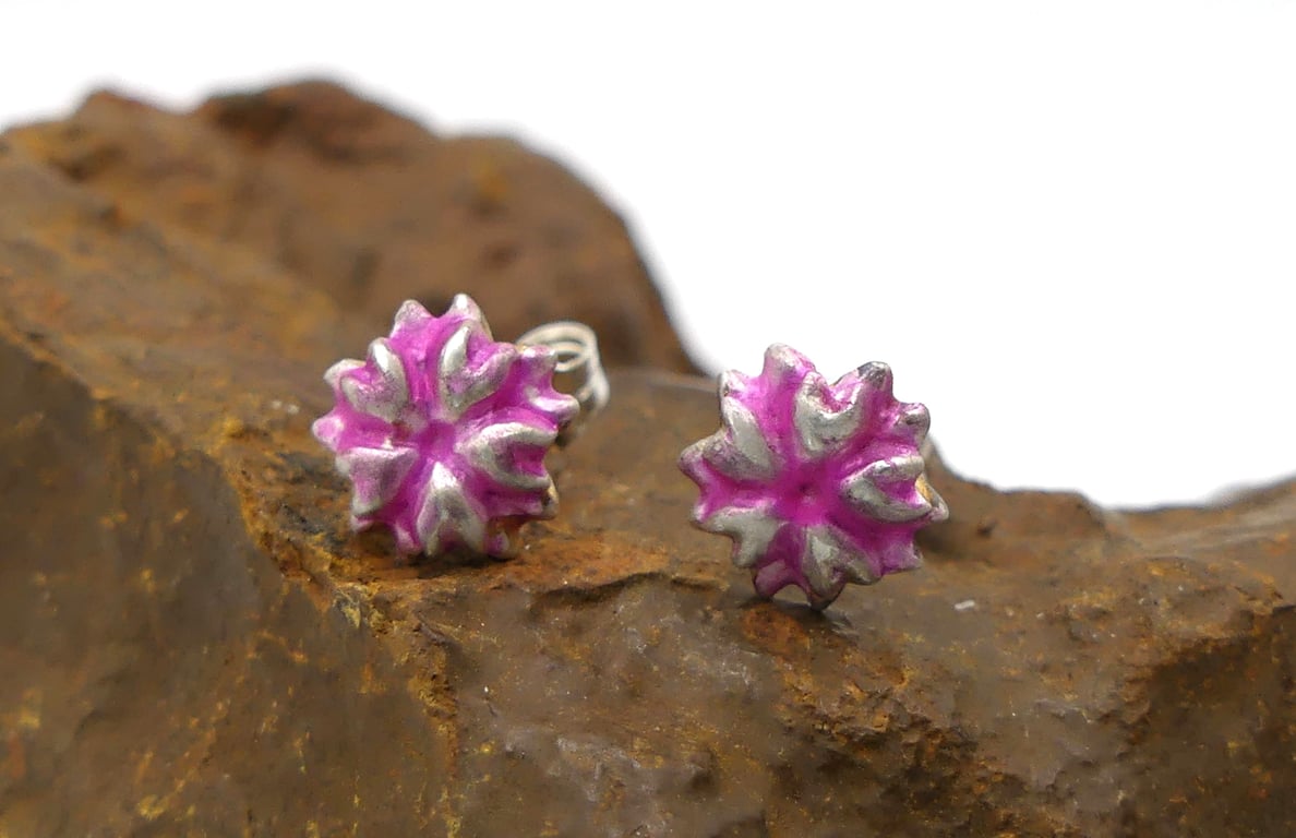 Recycled Sterling Silver Flower Design Stud Earrings with a Pink Patina.
