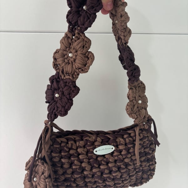 Handmade Crochet Shoulder Bag - Mocha & Chocolate Brown - Floral Flower Strap 