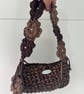 Handmade Crochet Shoulder Bag - Mocha & Chocolate Brown - Floral Flower Strap 