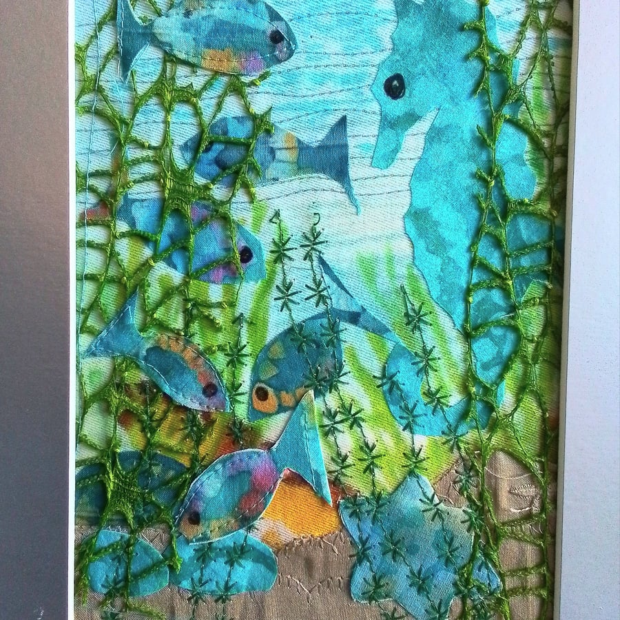 Textile picture with fish and seahorse 