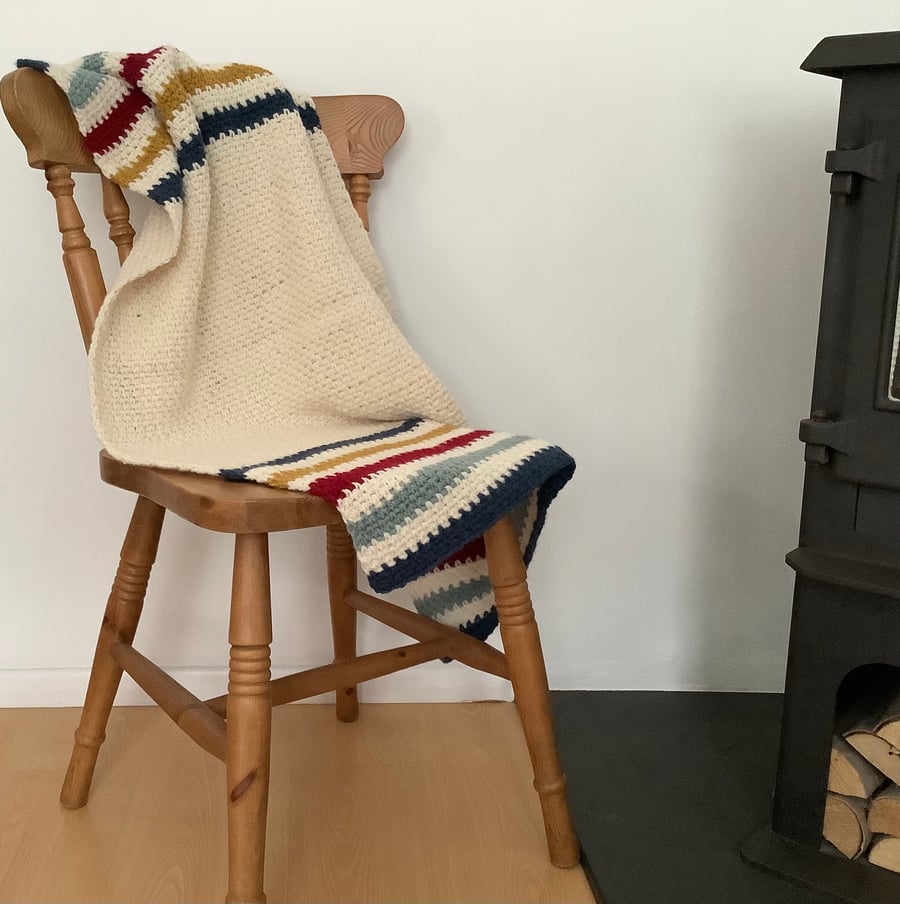 BLANKET , throw . Wool blend . Stripes .Cot , stroller, nursery .