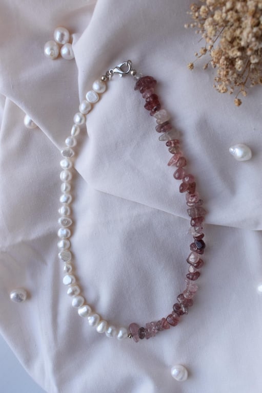 Strawberry Quartz & Freshwater Pearl Necklace - Handmade Gemstone Jewellery