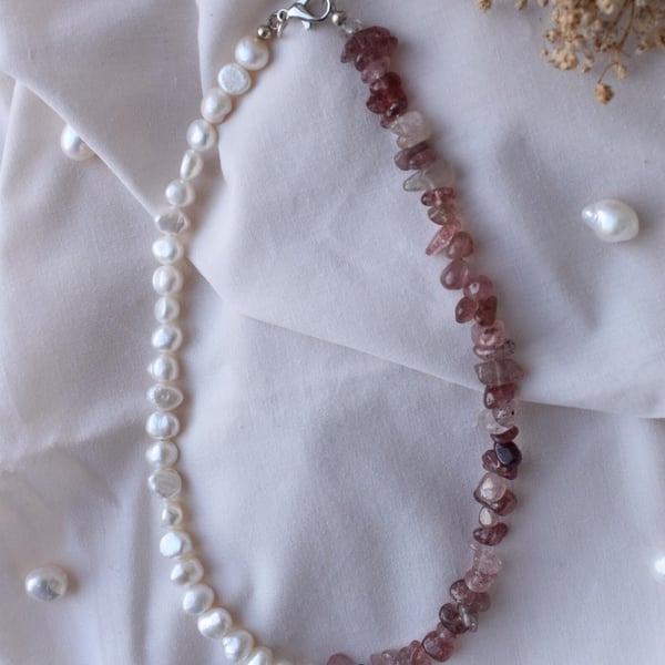Strawberry Quartz & Freshwater Pearl Necklace - Handmade Gemstone Jewellery