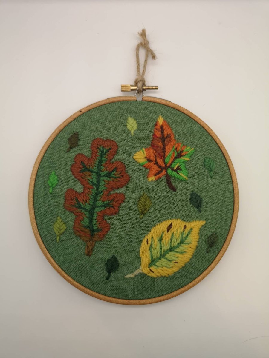 Hand Embroidered Hoop - 6 inch hoop - Autumn Leaves