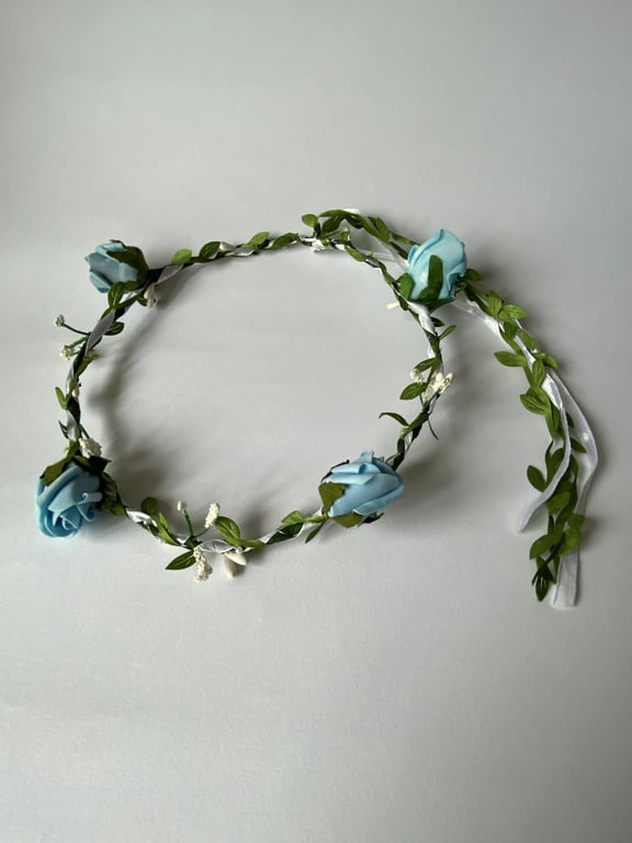 Light Blue & White Fabric Flower Crown with beads - One size, Long Lasting!