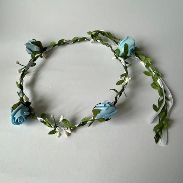 Light Blue & White Fabric Flower Crown with beads - One size, Long Lasting!