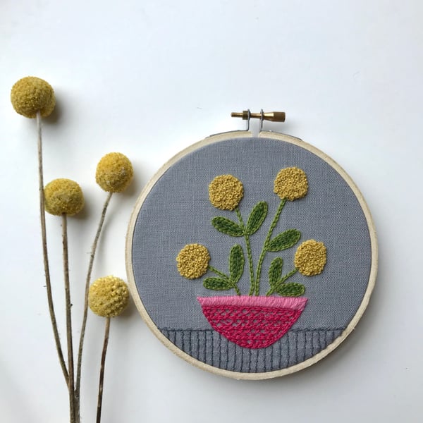 Yellow Pompom Flower Wall Decoration Embroidery Hoop Art