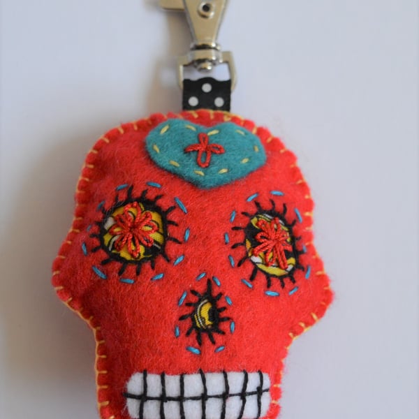 Red Felt Sugar Skull Stuffy Bag Charm