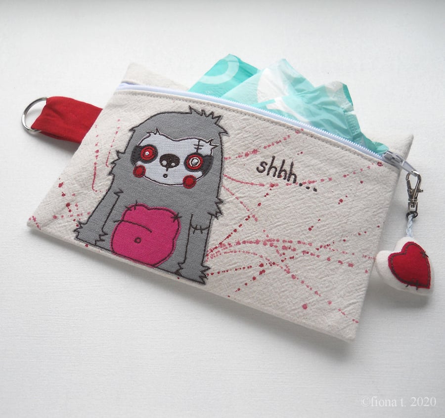 embroidered bloody zombie sloth zip purse case