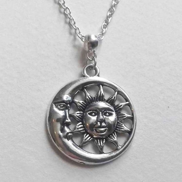 Silver Plate Round Sun and Moon Long Celestial Necklace