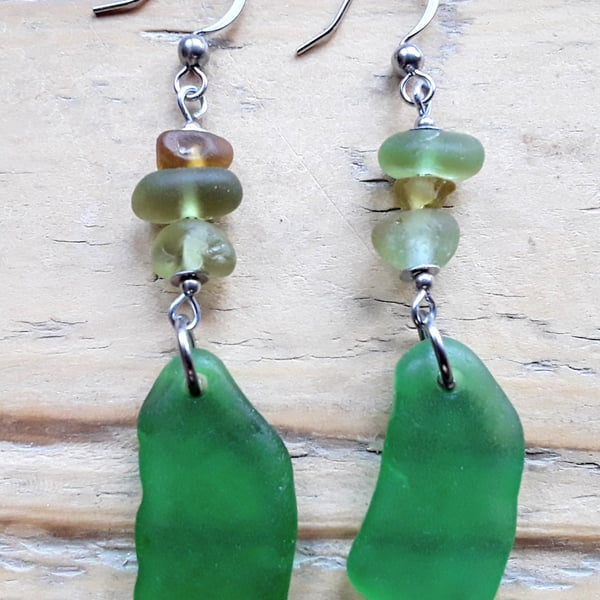 Beach Boho Dangle Earrings: Green Seaglass 