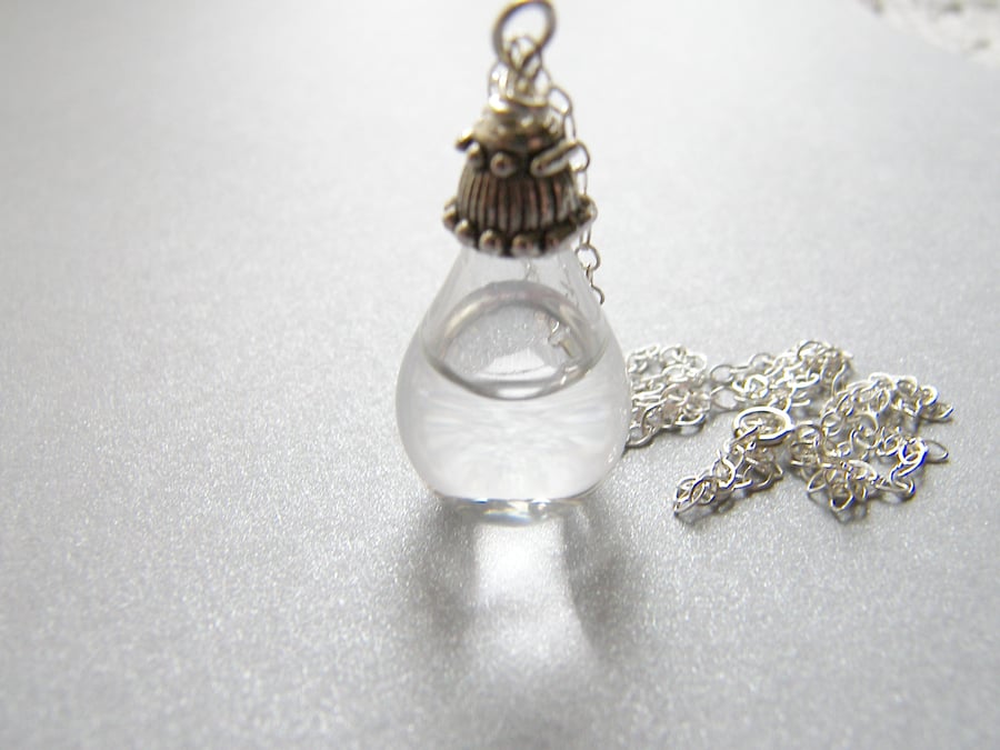 Clear Glass Teardrop Necklace Water Filled Bead - TEARDROP
