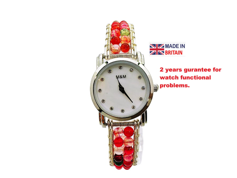 Red agate Semi Precious Stone Bracelet Watch Beaded Wrist Watch Personalized Gif