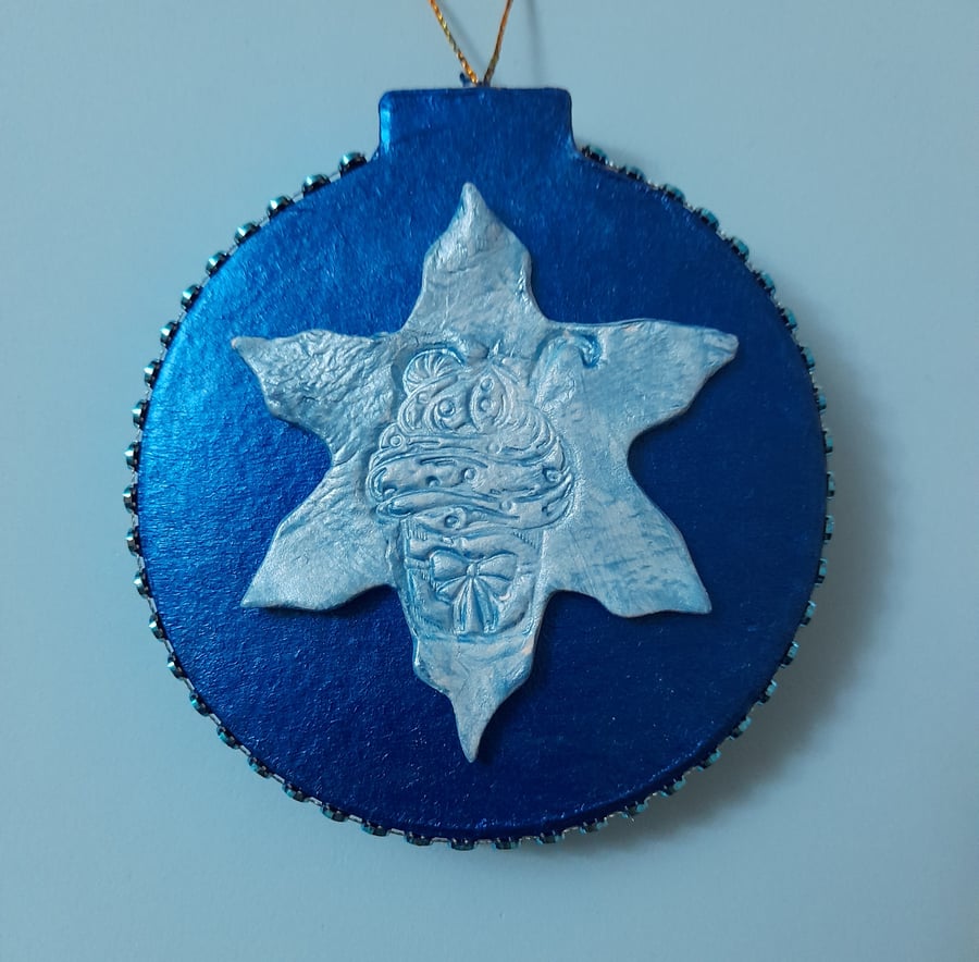 Bauble - round blue with clay star