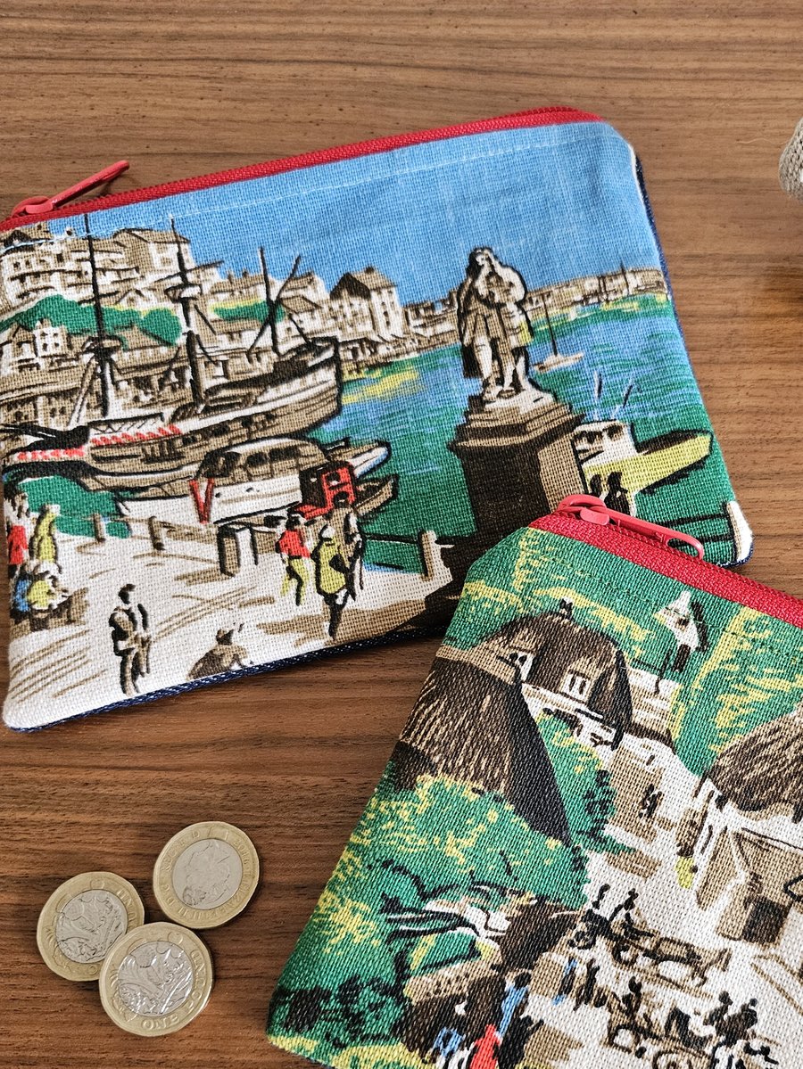 Seaside zip pouch Brixham Harbour, Devon Vintage Souvenir Teatowel  
