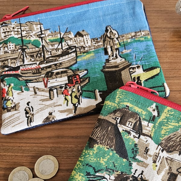 Seaside zip pouch Brixham Harbour, Devon Vintage Souvenir Teatowel  