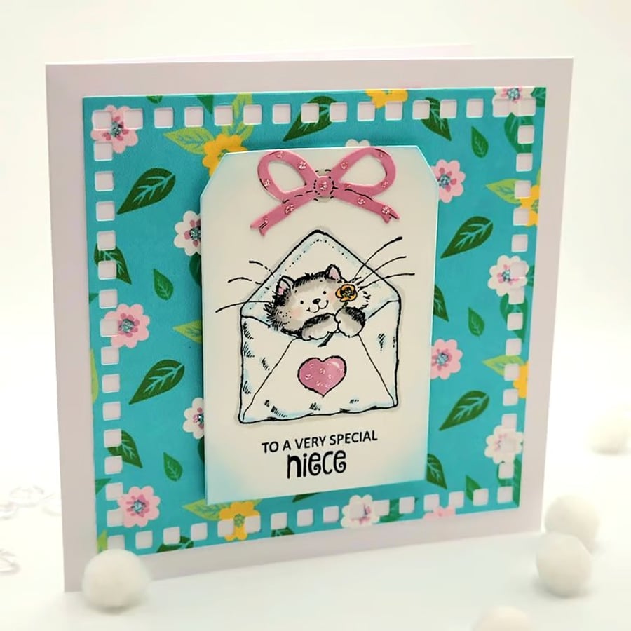 Niece Birthday Card - cat, dog, balloon, flowers 