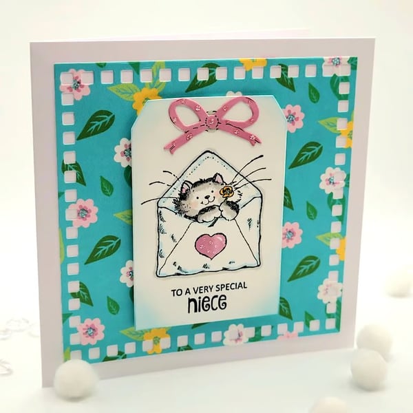 Niece Birthday Card - cat, dog, balloon, flowers 