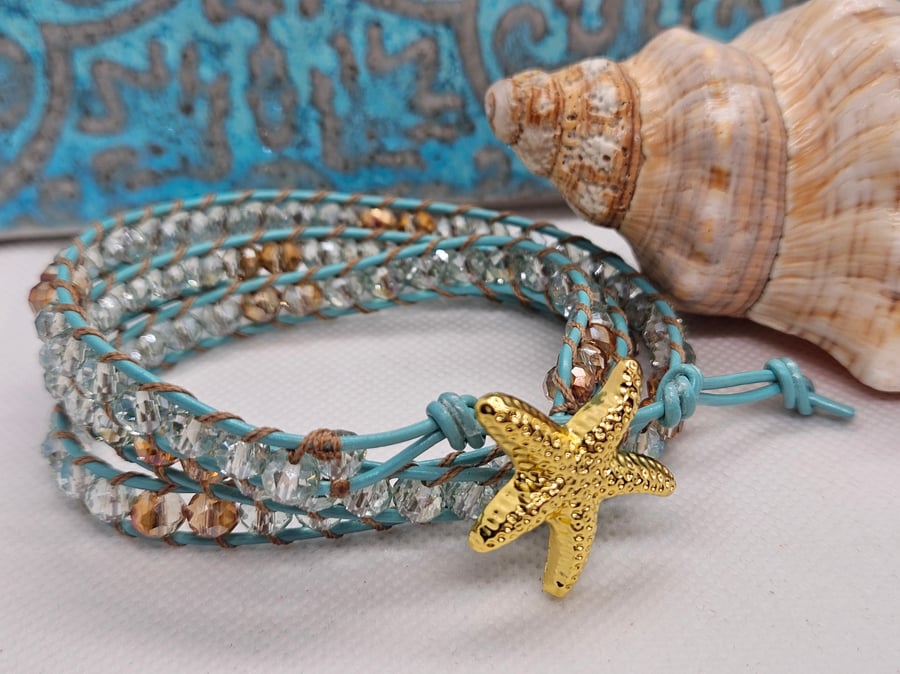 Turquoise leather triple wrap bracelet boho style with gold starfish closure