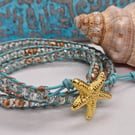 Turquoise leather triple wrap bracelet boho style with gold starfish closure