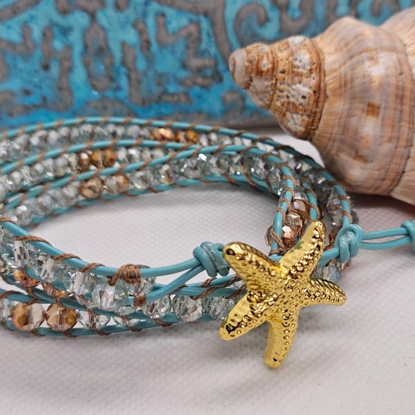 Turquoise leather triple wrap bracelet boho style with gold starfish closure