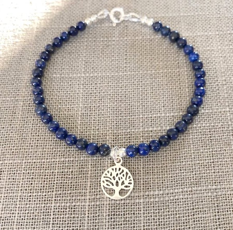 Lapis Lazuli Sterling Silver Tree of Life Charm Bracelet