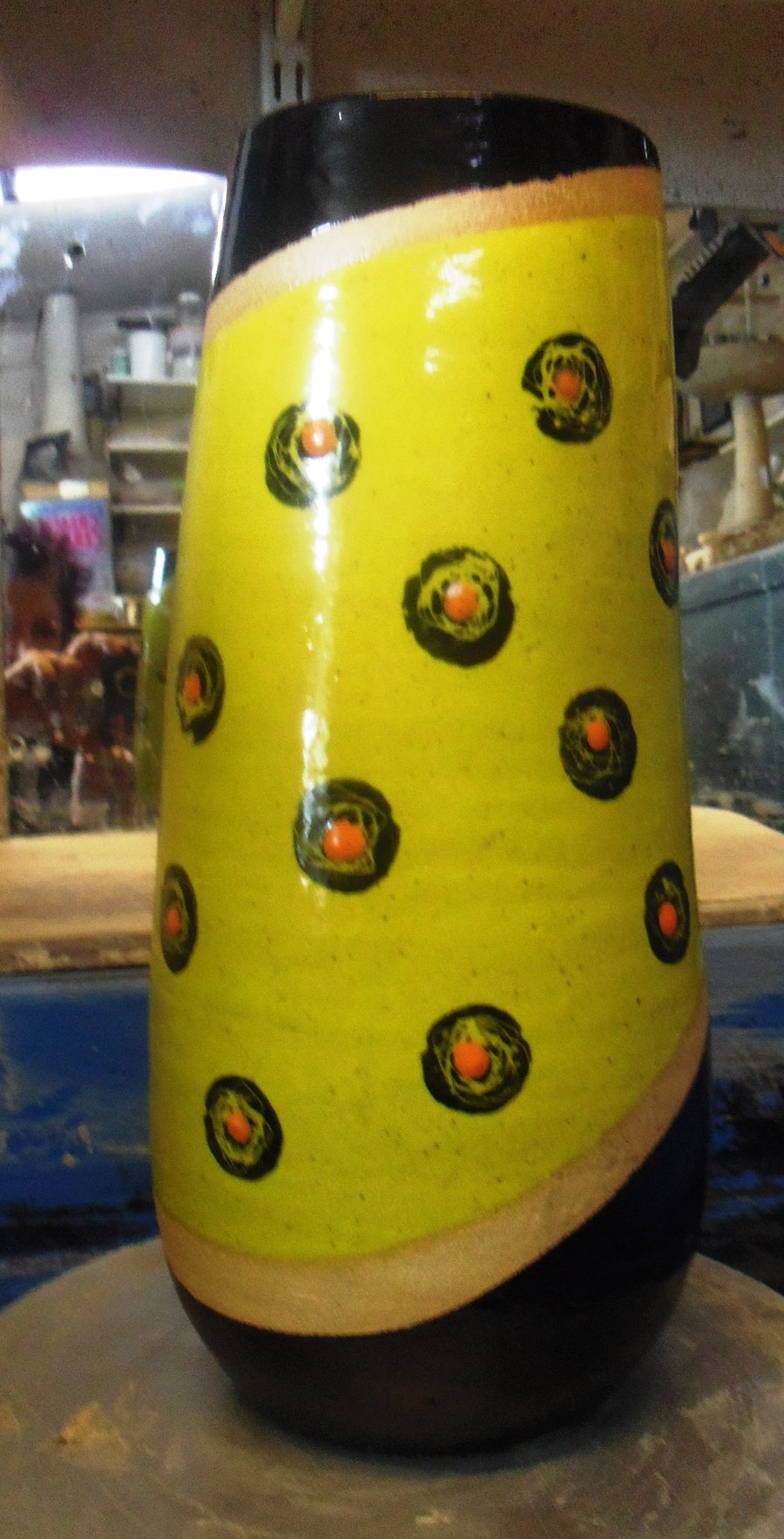 Yellow handpainted "rose" ceramic stoneware vase.